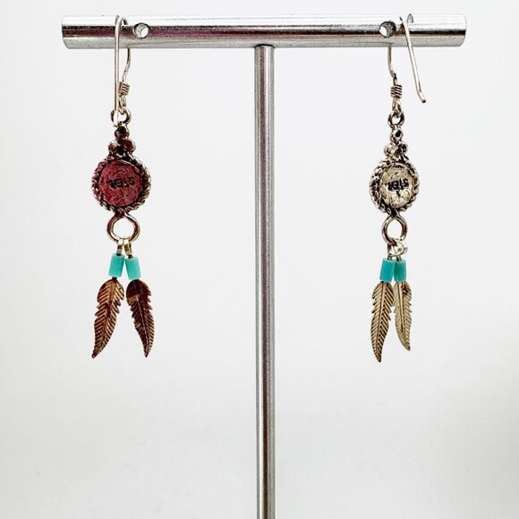 Sterling Silver 925 Zuni Turquoise Coral Inlay Feather Dangle Earrings 2" Length - Picture 4 of 8